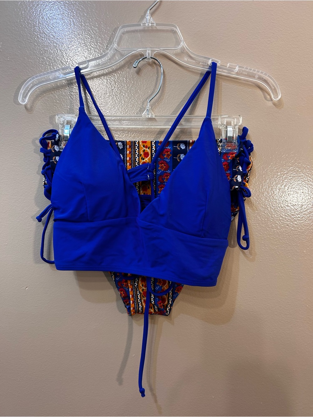 Zaful Royal Blue Strappy Bikini Set with Patterned Bottom
